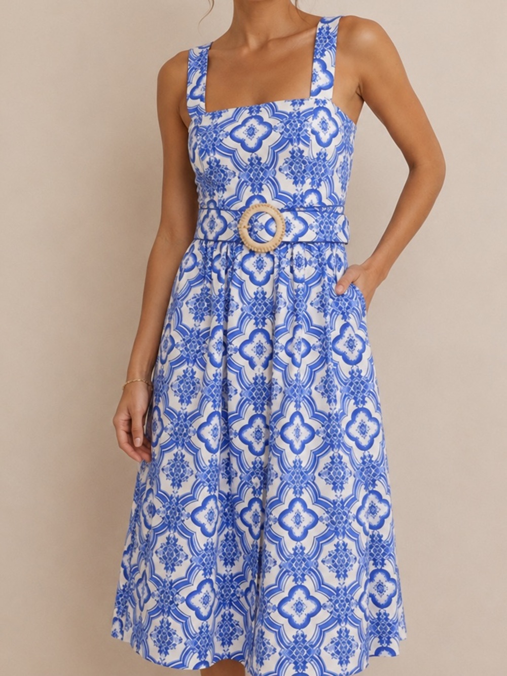 Cara Cara Candace Cotton Belted Midi Dress Mediterranean Coastal | XS